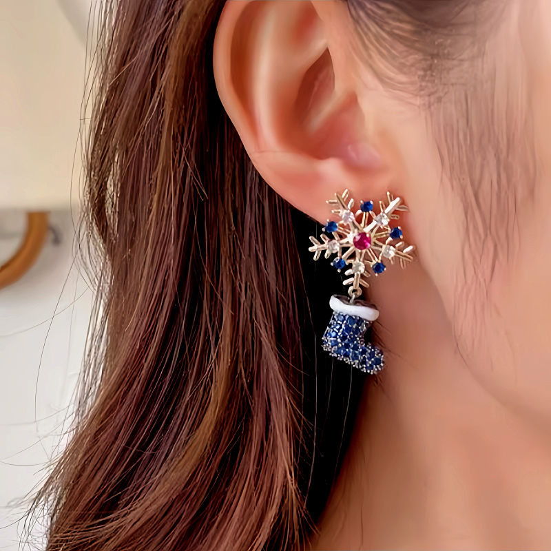 14K Gold-Plated Colorful Christmas Snowflake Boots Hat Earrings