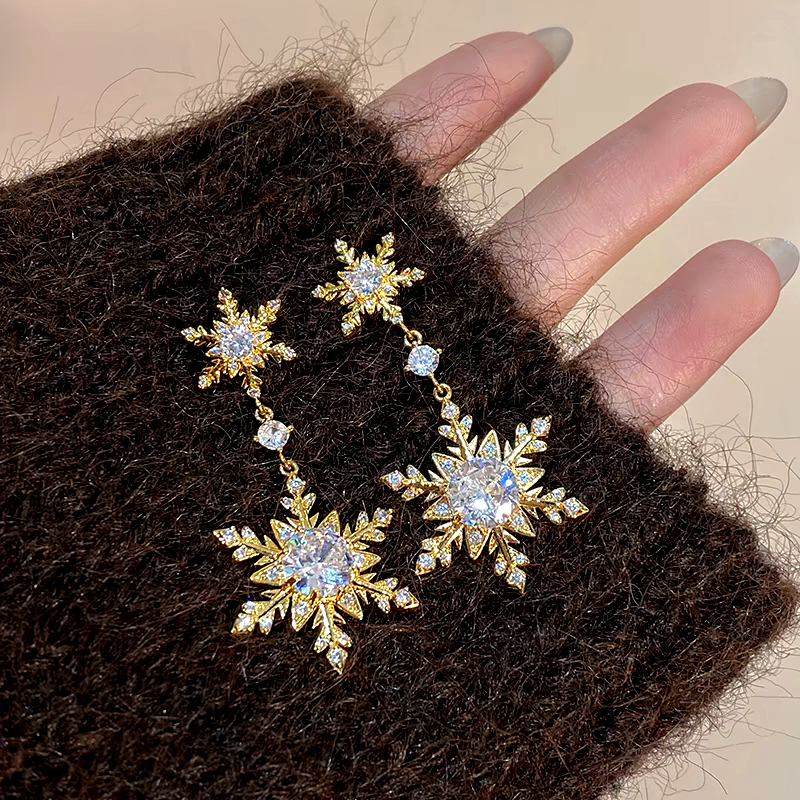 14K Gold-Plated Diamond Christmas Double Snowflake Earrings
