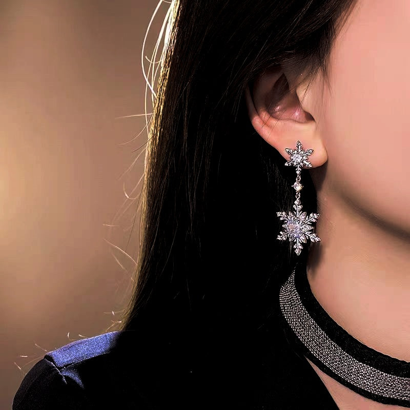 14K Gold-Plated Diamond Christmas Double Snowflake Earrings