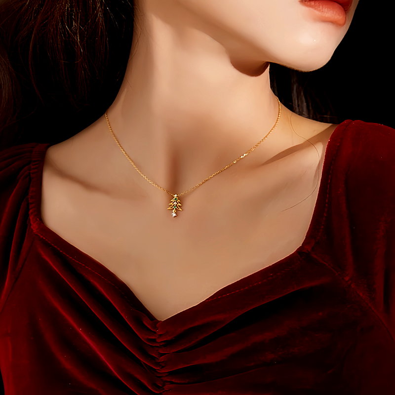 14K Gold-Plated Diamond Christmas Tree Necklace