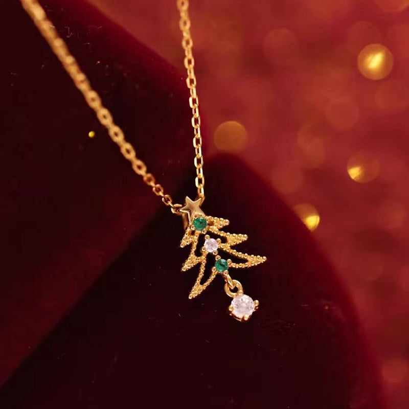 14K Gold-Plated Diamond Christmas Tree Necklace