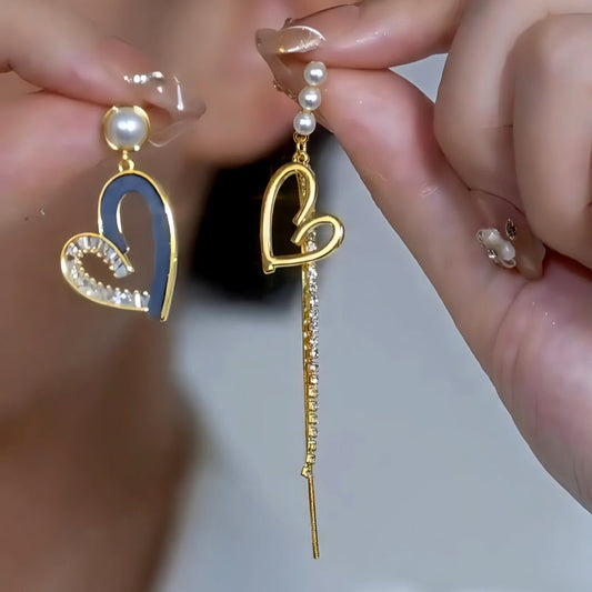 14K Gold-Plated Elegant Asymmetrical Zircon Diamond Heart Pearl Tassel Earrings
