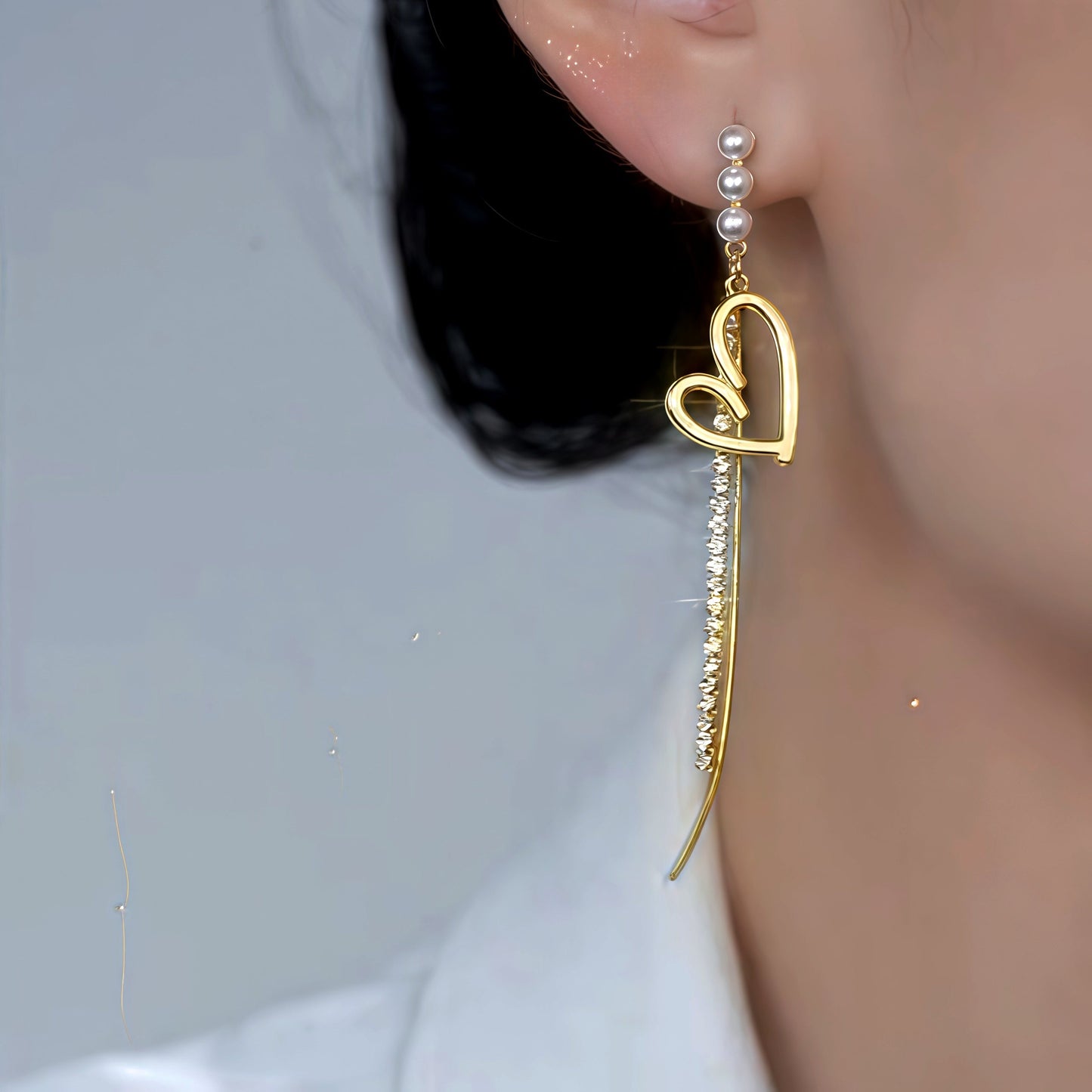 14K Gold-Plated Elegant Asymmetrical Zircon Diamond Heart Pearl Tassel Earrings