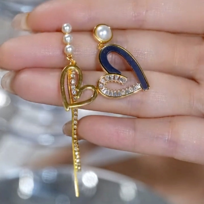 14K Gold-Plated Elegant Asymmetrical Zircon Diamond Heart Pearl Tassel Earrings