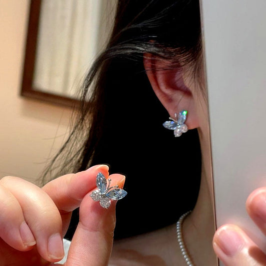 14K Gold-Plated Elegant Blue Crystal Butterfly Stud Earrings