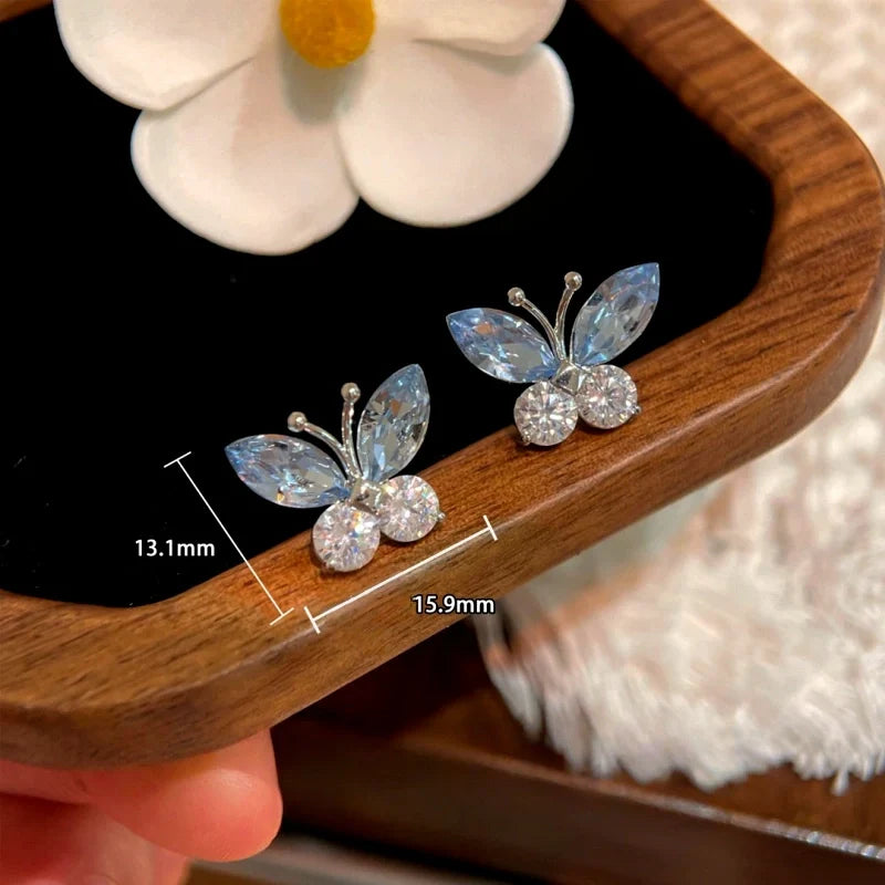 14K Gold-Plated Elegant Blue Crystal Butterfly Stud Earrings