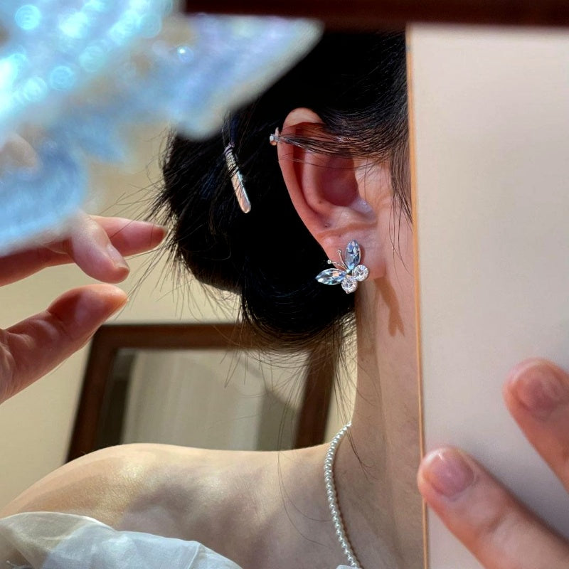 14K Gold-Plated Elegant Blue Crystal Butterfly Stud Earrings
