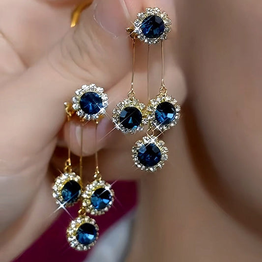 14K Gold-Plated Elegant Blue Zircon Diamond Tassel Earrings