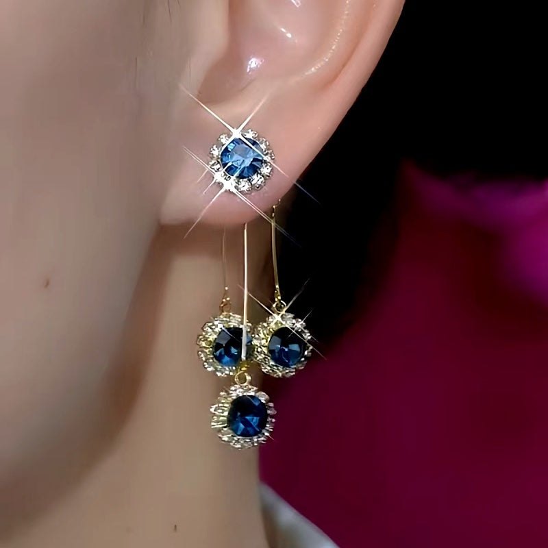 14K Gold-Plated Elegant Blue Zircon Diamond Tassel Earrings
