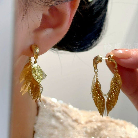 14K Gold-Plated Elegant Golden Leaf Tassel Earrings