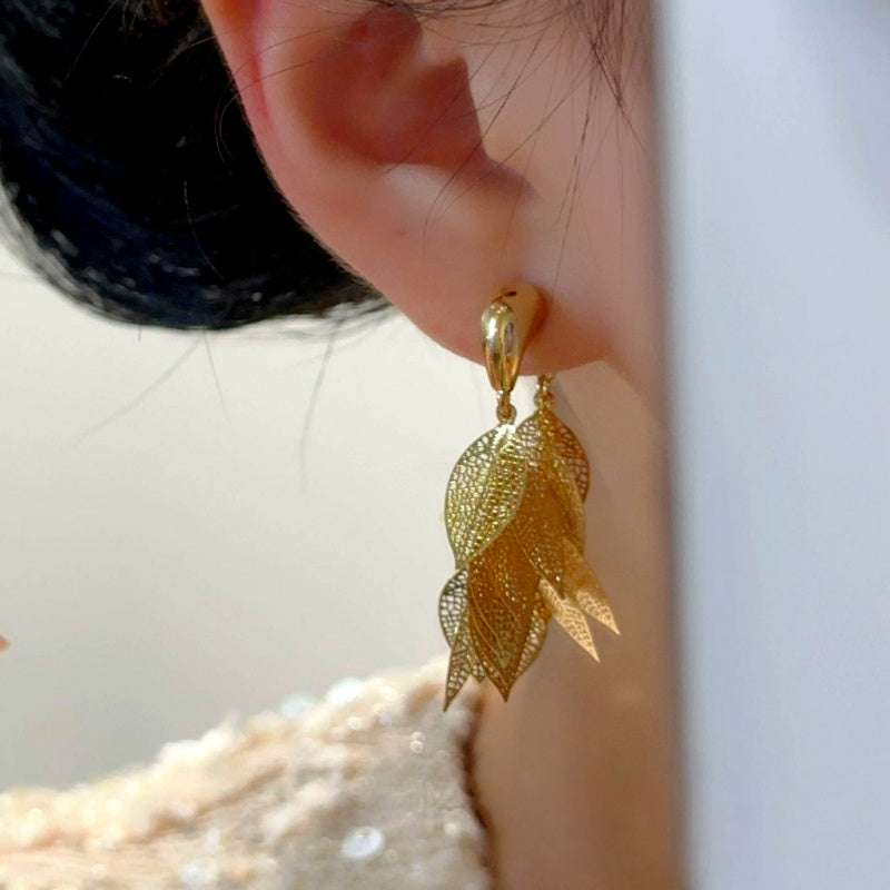 14K Gold-Plated Elegant Golden Leaf Tassel Earrings