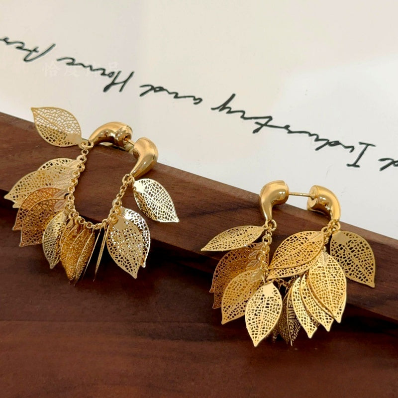 14K Gold-Plated Elegant Golden Leaf Tassel Earrings