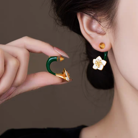 14K Gold-Plated Elegant Green Enamel Drip Glaze Flower Earrings