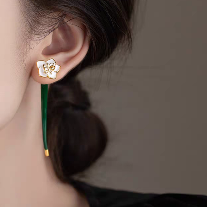 14K Gold-Plated Elegant Green Enamel Drip Glaze Flower Earrings