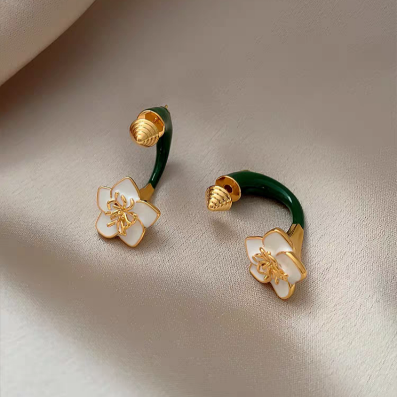 14K Gold-Plated Elegant Green Enamel Drip Glaze Flower Earrings