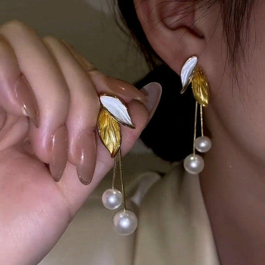 14K Gold-Plated Elegant Leaf Pearl Tassel Earrings
