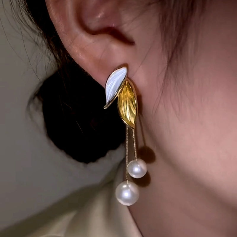14K Gold-Plated Elegant Leaf Pearl Tassel Earrings