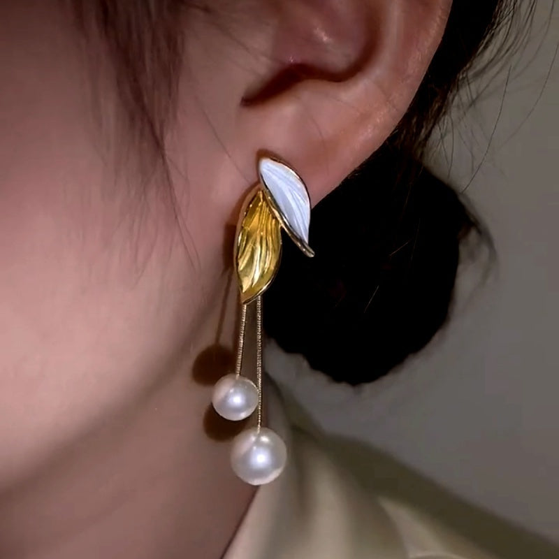 14K Gold-Plated Elegant Leaf Pearl Tassel Earrings