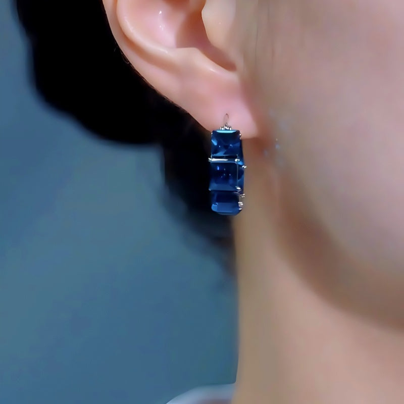 14K Gold-Plated Elegant Luxury Sea Blue Zircon Diamoond Hoop Earrings