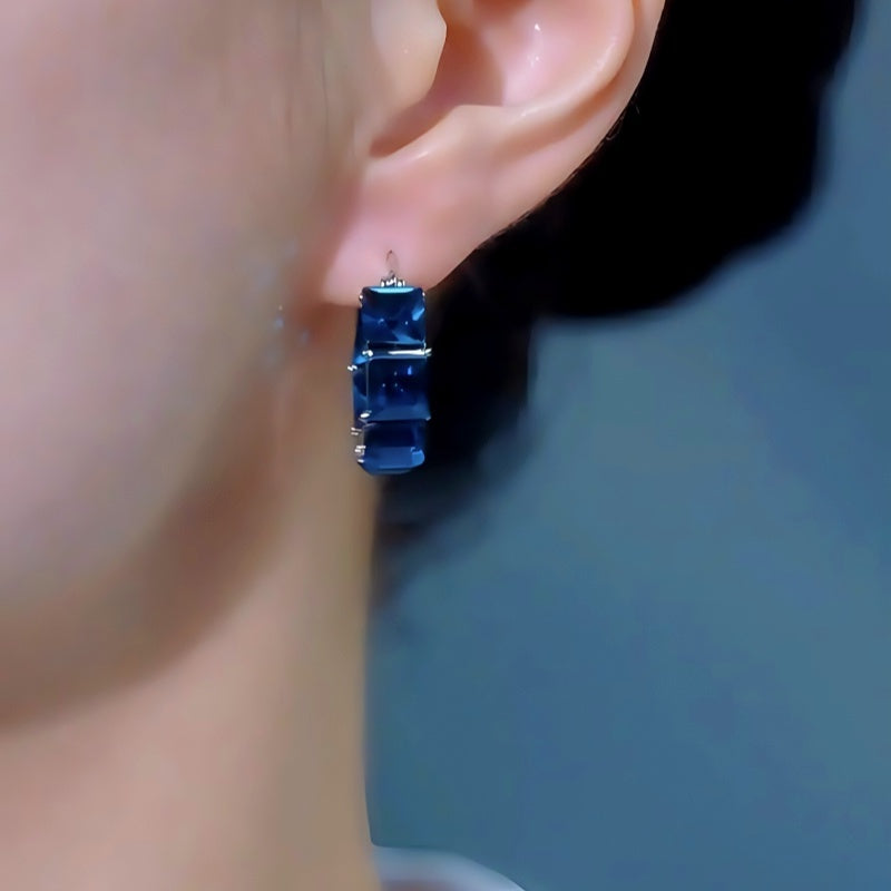 14K Gold-Plated Elegant Luxury Sea Blue Zircon Diamoond Hoop Earrings