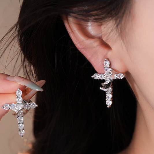 14K Gold-Plated Elegant Luxury Zircon Diamond Cross Crown Earrings