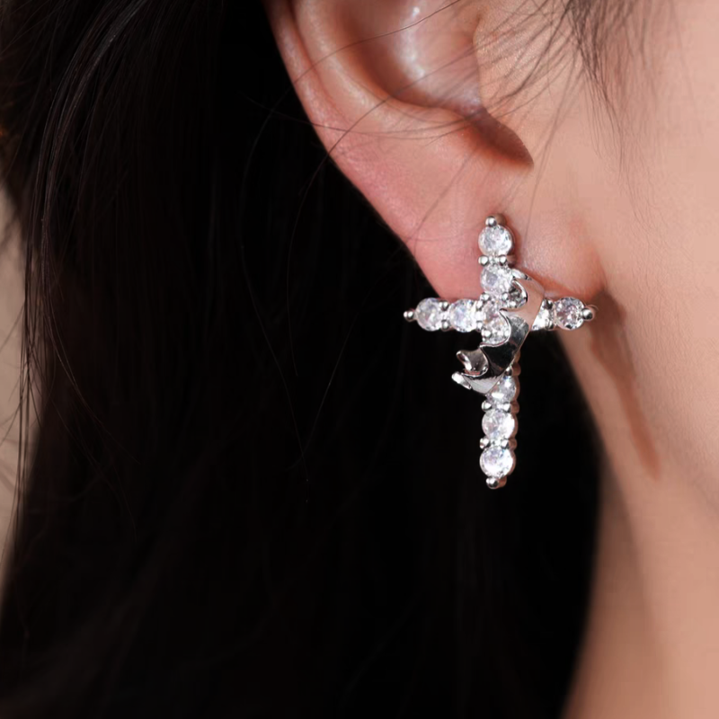 14K Gold-Plated Elegant Luxury Zircon Diamond Cross Crown Earrings