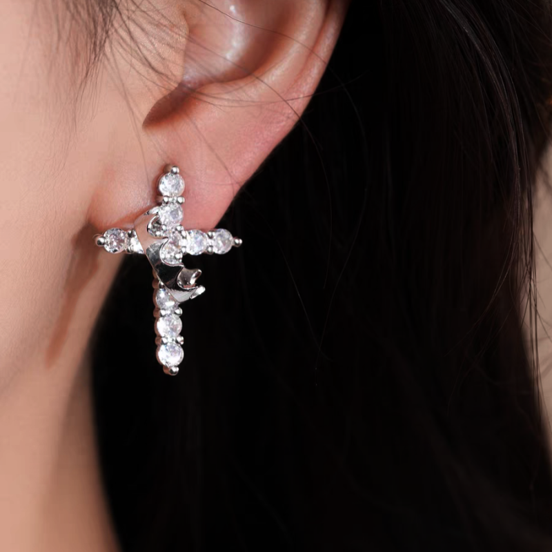 14K Gold-Plated Elegant Luxury Zircon Diamond Cross Crown Earrings
