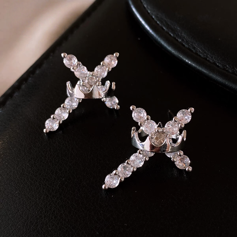 14K Gold-Plated Elegant Luxury Zircon Diamond Cross Crown Earrings