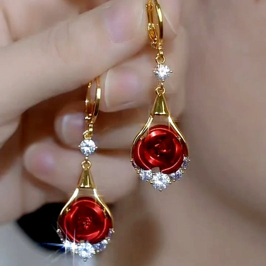 14K Gold-Plated Elegant Luxury Zircon Diamond Red Rose Earrings