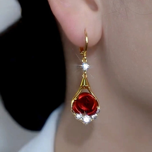 14K Gold-Plated Elegant Luxury Zircon Diamond Red Rose Earrings