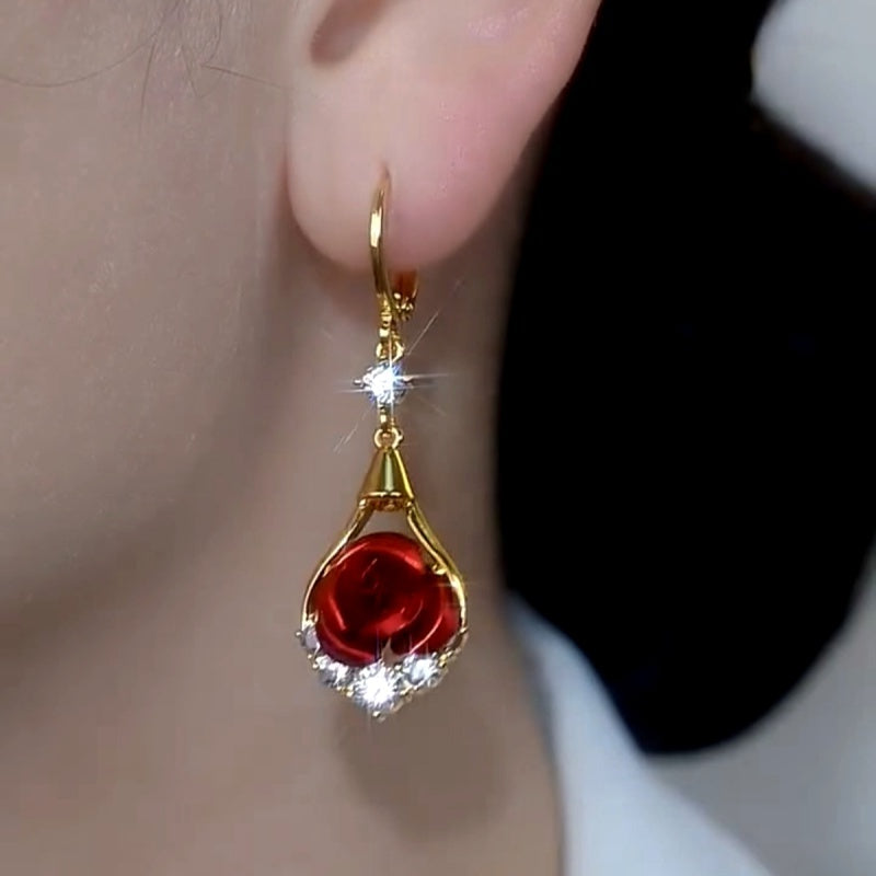 14K Gold-Plated Elegant Luxury Zircon Diamond Red Rose Earrings