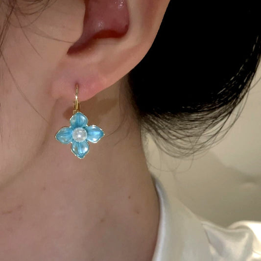 14K Gold-Plated Elegant Oil Drop Pearl Blue Flower Earrings