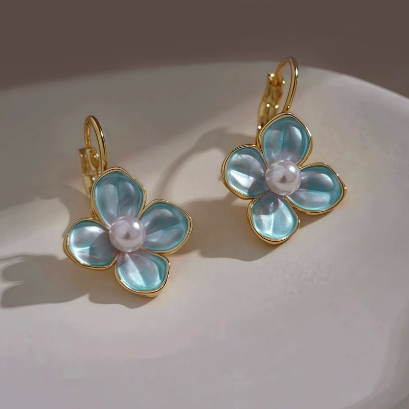 14K Gold-Plated Elegant Oil Drop Pearl Blue Flower Earrings