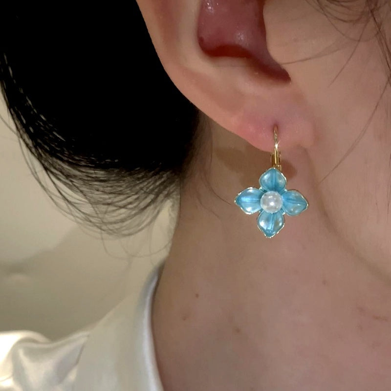 14K Gold-Plated Elegant Oil Drop Pearl Blue Flower Earrings