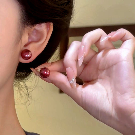 14K Gold-Plated Elegant Wine Red Bead Stud Earrings