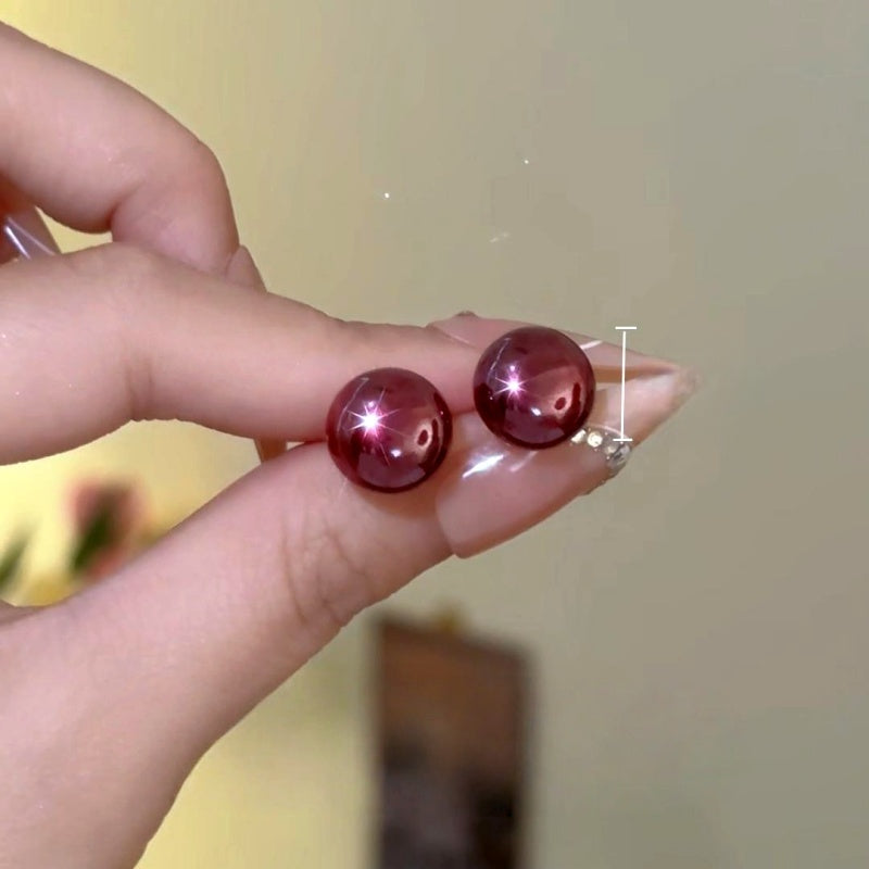 14K Gold-Plated Elegant Wine Red Bead Stud Earrings