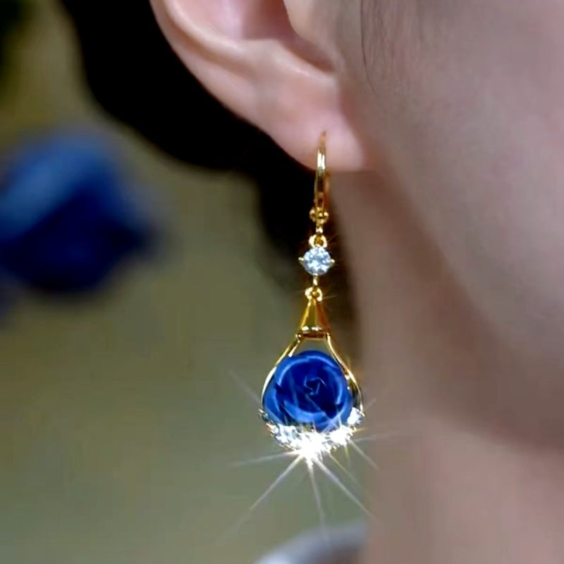 14K Gold-Plated Elegant Zircon Diamond Blue Rose Flower Earrings