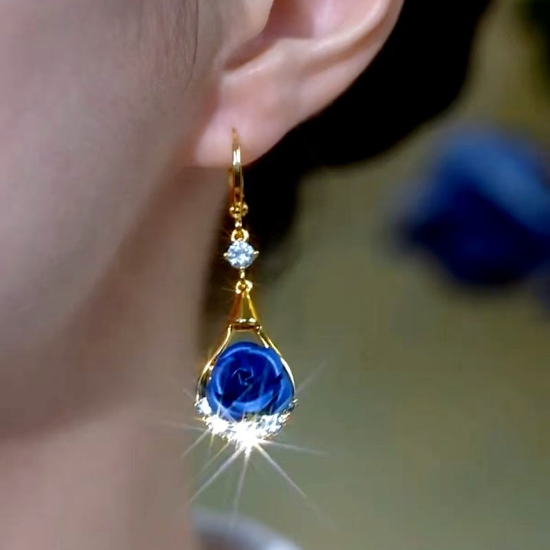 14K Gold-Plated Elegant Zircon Diamond Blue Rose Flower Earrings