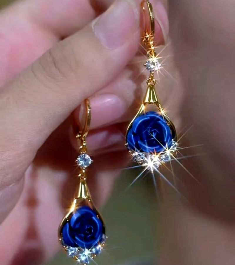 14K Gold-Plated Elegant Zircon Diamond Blue Rose Flower Earrings