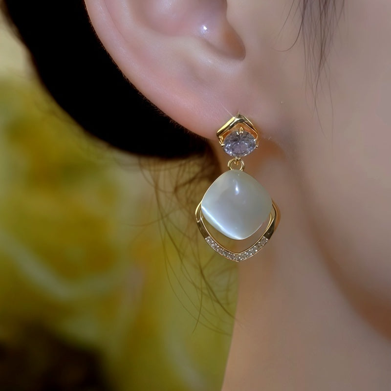 14K Gold-Plated Elegant Zircon Diamond Cat's Eye Stone Water Drop Earrings
