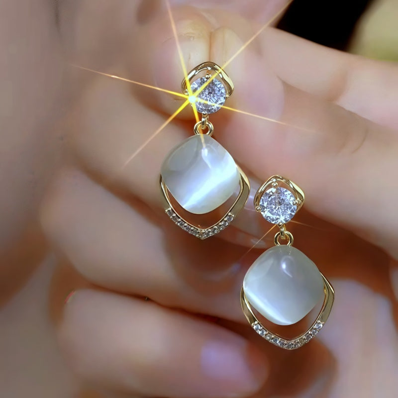 14K Gold-Plated Elegant Zircon Diamond Cat's Eye Stone Water Drop Earrings