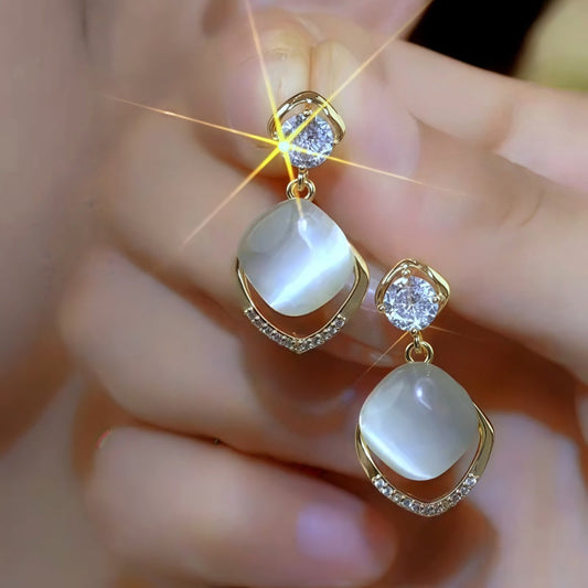 14K Gold-Plated Elegant Zircon Diamond Cat's Eye Stone Water Drop Earrings