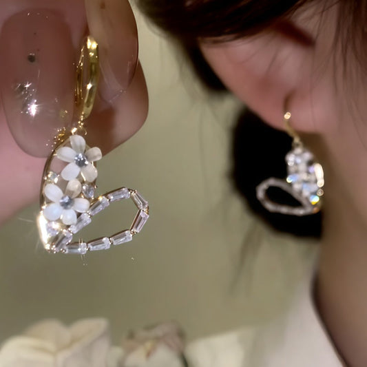 14K Gold-Plated Elegant Zircon Diamond Flower Heart Earrings