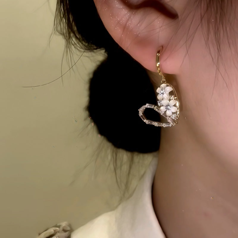 14K Gold-Plated Elegant Zircon Diamond Flower Heart Earrings