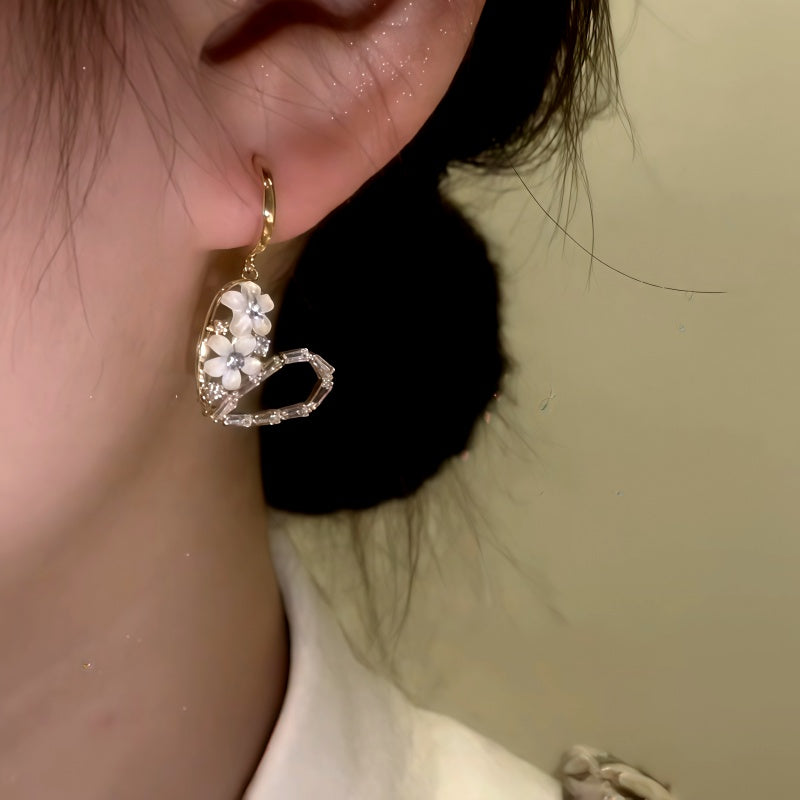 14K Gold-Plated Elegant Zircon Diamond Flower Heart Earrings