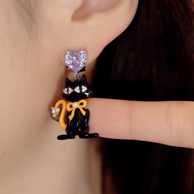 14K Gold-Plated Elegant Zircon Diamond Heart Halloween Kitty Earrings