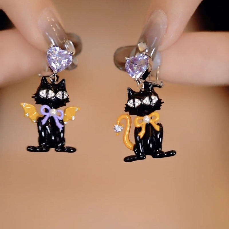 14K Gold-Plated Elegant Zircon Diamond Heart Halloween Kitty Earrings
