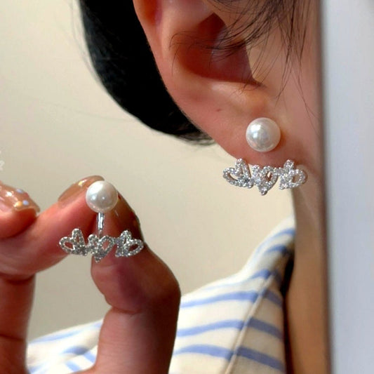 14K Gold-Plated Elegant Zircon Diamond Heart Pearl Jacket Earrings