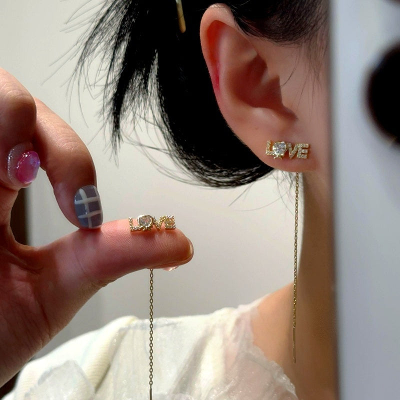 14K Gold-Plated Elegant Zircon Diamond LOVE Threader Earrings