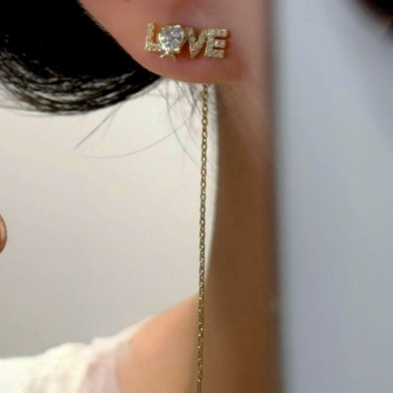 14K Gold-Plated Elegant Zircon Diamond LOVE Threader Earrings